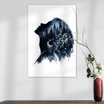 Aquarellbild: Silhouette einer Frau im himmlischen Wald von Faheem Beigh
