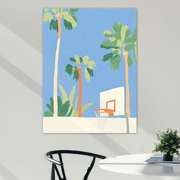 Illustration côtière représentant un terrain de basket-ball à &, avec des palmiers sur StudioRemier