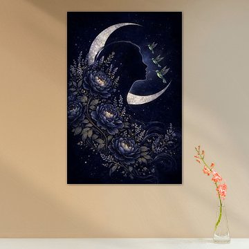 Celestial Woman Silhouette with Flowers and Hummingbirds by Faheem Beigh