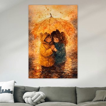 Kinder unter einem Ahornblatt-Regenschirm im Herbstregen – Aquarell von Faheem Beigh