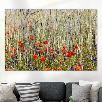 Kornfeld mit blühenden roten Mohnblumen und blauen Kornblumen von Andreas Freund