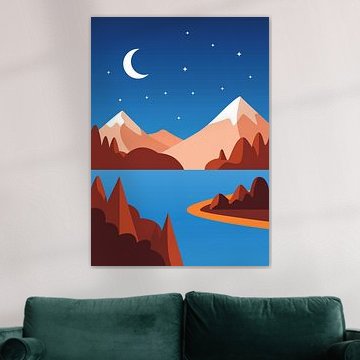 Minimalist nature of majestic snow-capped mountains and rivers under the moon by Adam Khabibi