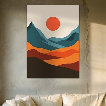 De minimalistische uitstraling van abstracte bergketens onder een warm ondergaande zon.