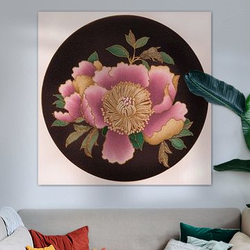 Große rosa japanische Pfingstrose in rundem Rahmen