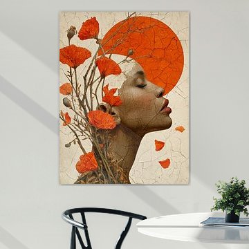 Frau mit Mohnblumen und orangefarbener Sonne – Verträumte botanische Wandkunst