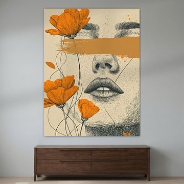 Minimalistisches Porträt mit orangefarbenen Blumen – Skandinavische Designkunst