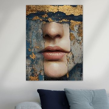 Zusammenfassung: Gesicht in Blau und Gold – Künstlerische moderne Wanddekoration