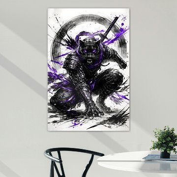 Black Panther Samurai – Kunstwerk mit violetten Farbspritzern von Faheem Beigh