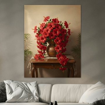Hibiscus rosa-sinensis in a round wooden pot by Regan Frederick