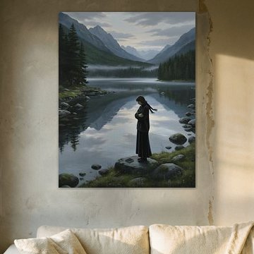 Eenzame gedachten aan de oever van het spiegelgladde meer