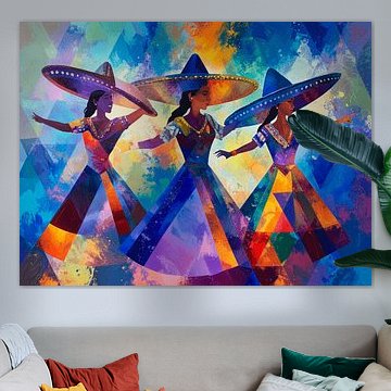 Farbenfrohes mexikanisches Gemälde mit tanzenden Frauen von STUDIO ARTSY