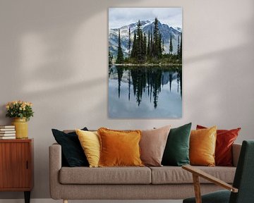 Standing reflection mountain and trees Canadian lake sur Milou Mouchart