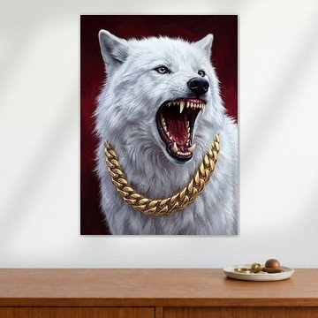 Aggressiver weißer Wolf mit Goldkette im urbanen Stil
