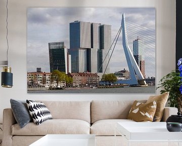 huizen Noordereiland met De Rotterdam en Erasmusbrug