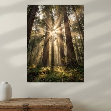 Ethereal Redwood Sanctuary: Sunbeams in the Ancient Forest by Artistic