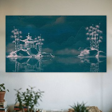 Paysage oriental : pagode japonaise sur un îlot rocheux, couleur vert d'eau