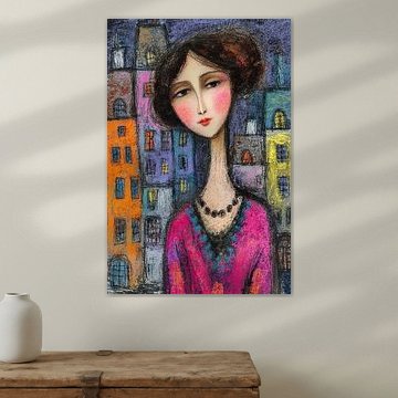 Woman Against a Colourful Background by Abstract Painting