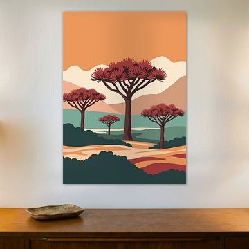 Minimalist flat vector illustration of dragon blood trees in a savanna landscape under orange sky. by Adam Khabibi