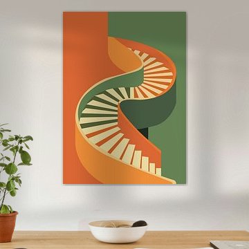 Minimalist illustration of a winding spiral staircase in a retro geometric architectural style. by Adam Khabibi
