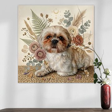 Shih Tzu in Botanical Elegance – Boho Dog Portrait by Angelique van den Berg