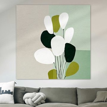 Witte bloemen op saliegroen – Minimalistische bloemkunst van May