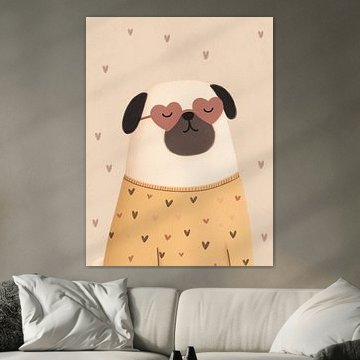 Verspielte Mops-Illustration mit Herz-Sonnenbrille – süßer Hund