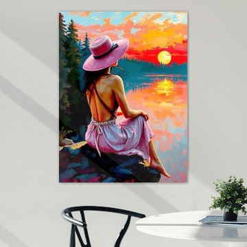 Une femme au bord du lac, dans un coucher de soleil romantique sur AidasignArt