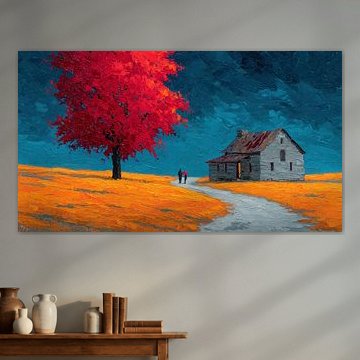 Roter Baum und ein Haus – Panorama in Ölfarbe von TheXclusive Art