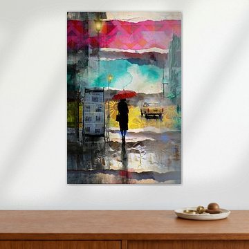 Red Umbrella – Rain and Light in Mixed Media by Arjen Roos