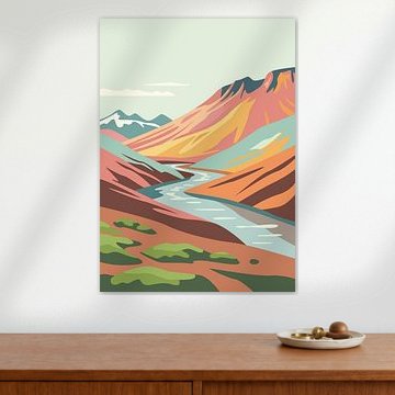 Illustration minimaliste en style plat représentant une rivière sinueuse qui traverse des vallées montagneuses colorées. sur Adam Khabibi