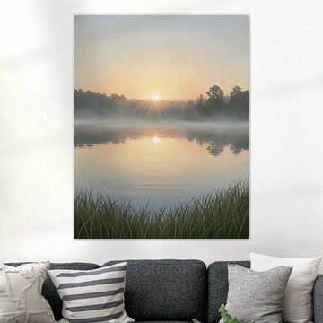 Sonnenaufgang – Spiegelungen auf dem stillen See im Nebel von Regan Frederick