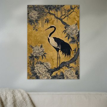 Een kraanvogel tussen pioenrozen op een gouden achtergrond van Niklas Maximilian