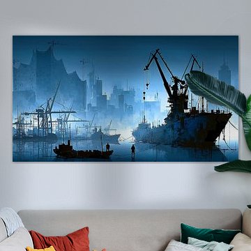 Blauwe industriehaven in de mist