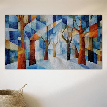 Trees without branches and snow: abstract cubism panorama