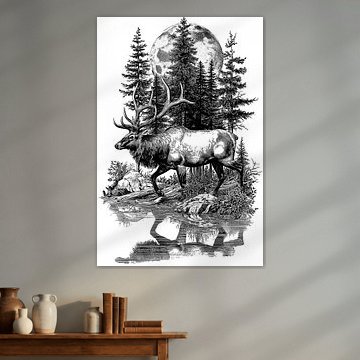 Elk Walking Moon – Gedetailleerde vintage lijntekening