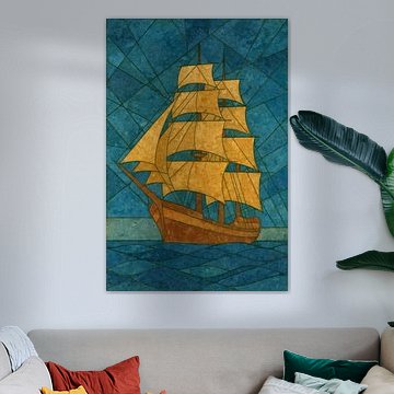 Voilier cubiste dans des tons dorés