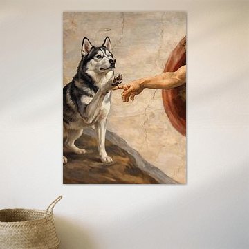 Husky-poster 50x70 cm ' "Erschaffung Adams" ' – Michelangelo-parodie, kunst, hond, grappig