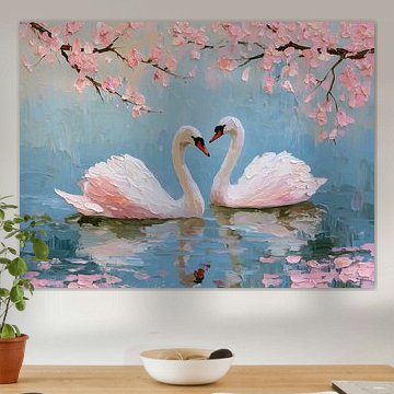 A Pair of Swimming Swans beneath Cherry Blossoms by Studio Ypie