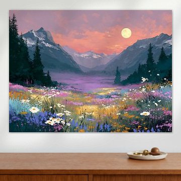 Ein von Mondlicht erhelltes Bergtal voller Wildblumen