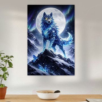 Ice Wolf Night Moon Art – Blauer Kristall, Tier, Berg von Faheem Beigh