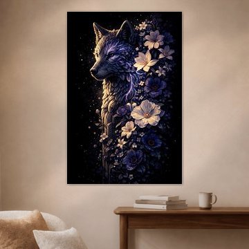Aufwendige Blumen- und Wolfsstickerei – Kunstwerk mit dem Krafttier in Lila und Blau von Faheem Beigh