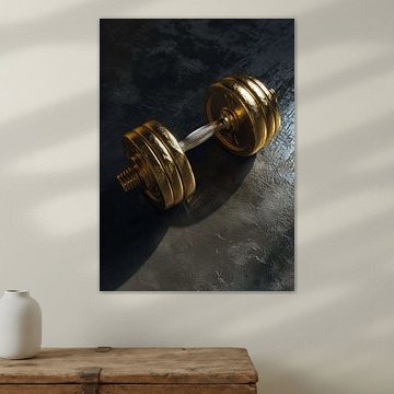 Eine luxuriöse, vergoldete Hantel, die auf einer dunklen, strukturierten Oberfläche ruht von Morgan