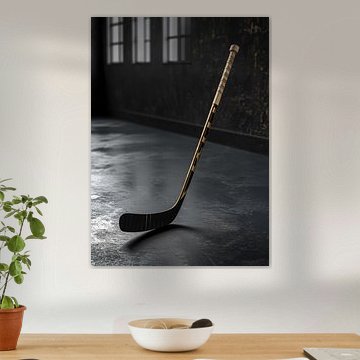 Ein professioneller Eishockeyschläger, der auf einem dunklen Betonboden steht von Morgan