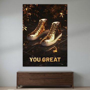 Ein Paar glänzende, metallisch-goldene High-Top-Sneaker auf einem dunklen Marmorboden von Morgan