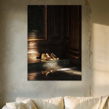 Goldene Brogue-Schuhe auf einem Sockel aus dunklem Marmor von Morgan