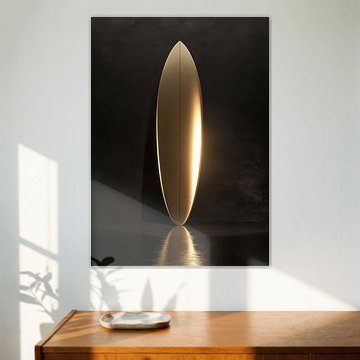 Elegante gouden surfplank tegen een donkere, gestructureerde achtergrond van Morgan