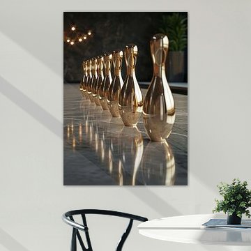 Gouden bowlingpinnen die in een rij op een glanzend marmeren oppervlak staan opgesteld van Morgan