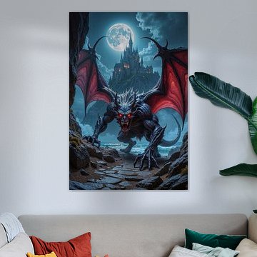 Dark Fantasy Wandbild: MORBRYX – Der wilde Vampir vor einer epischen Burg
