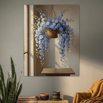 Delphinium in een hangende houten pot