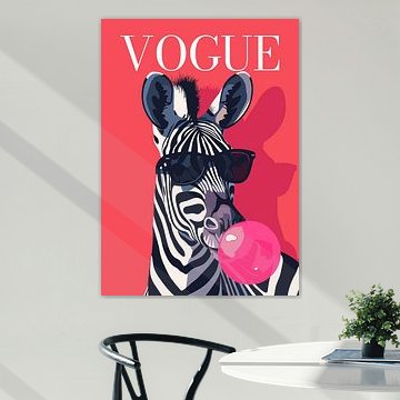 Stijlvolle zonnebril op een poster uit Vogue met roze kauwgom die uit de mond waait van Cross